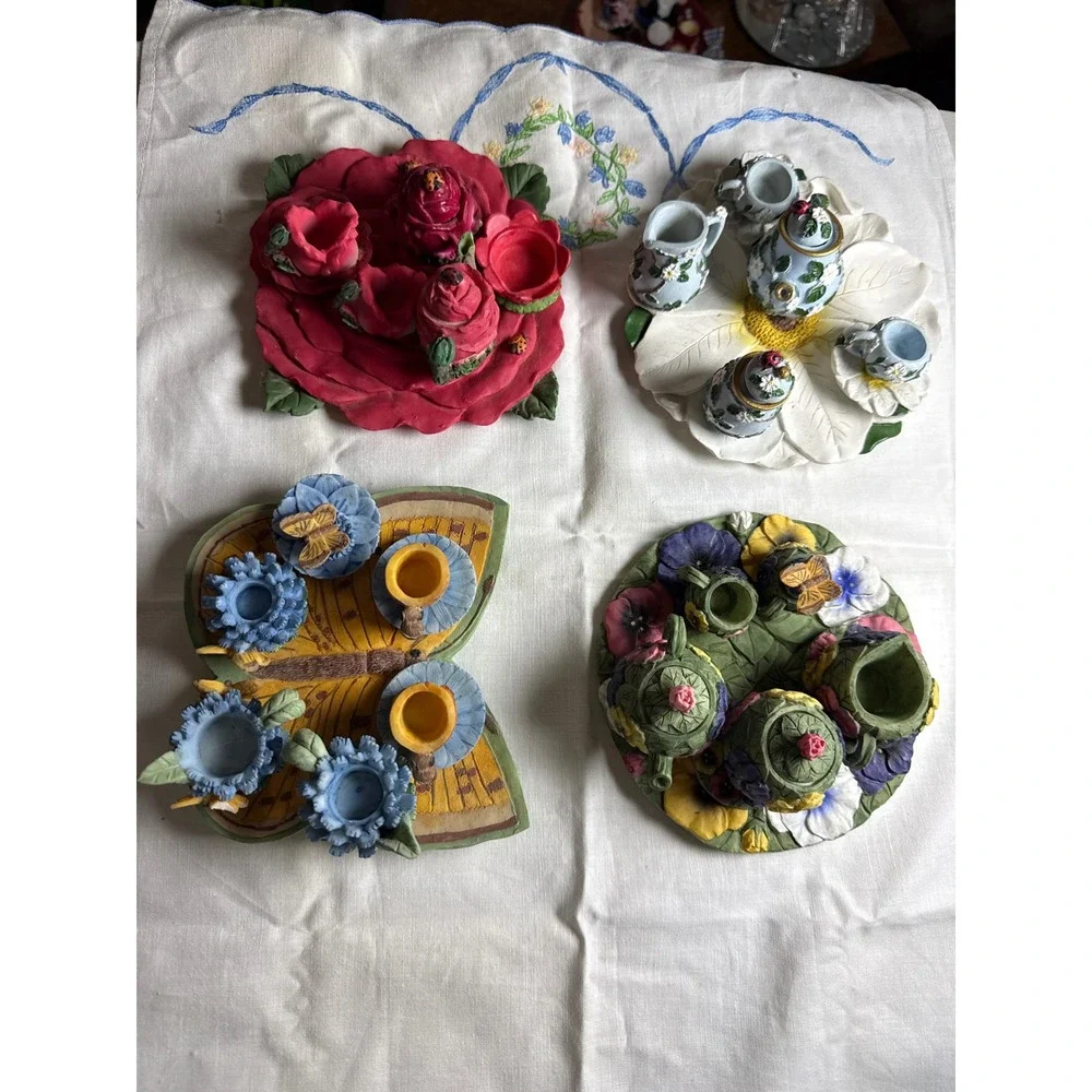 4 Miniature Floral Tea Sets Rose Daisy Butterfly Pansy Garden Decor Lot